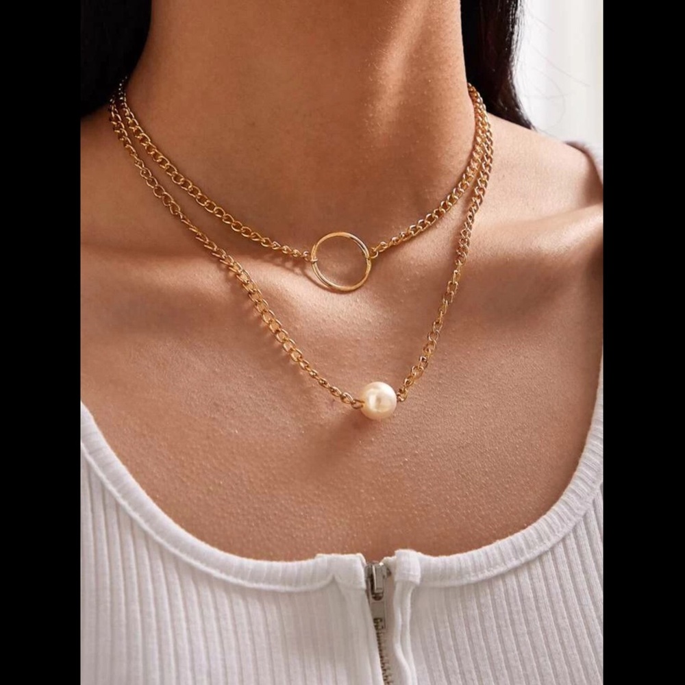 Ring & Pearl, Link Chain Necklace